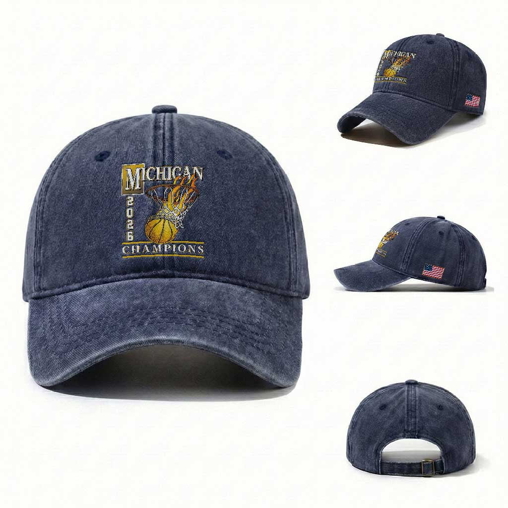 Michigan 2026 Flaming Hoop Basketball Lover Washed Cotton Baseball Cap Champions Victory Graphic Sports Fan TS12 Washed Cap Universal Fit Navy Print Your Wear