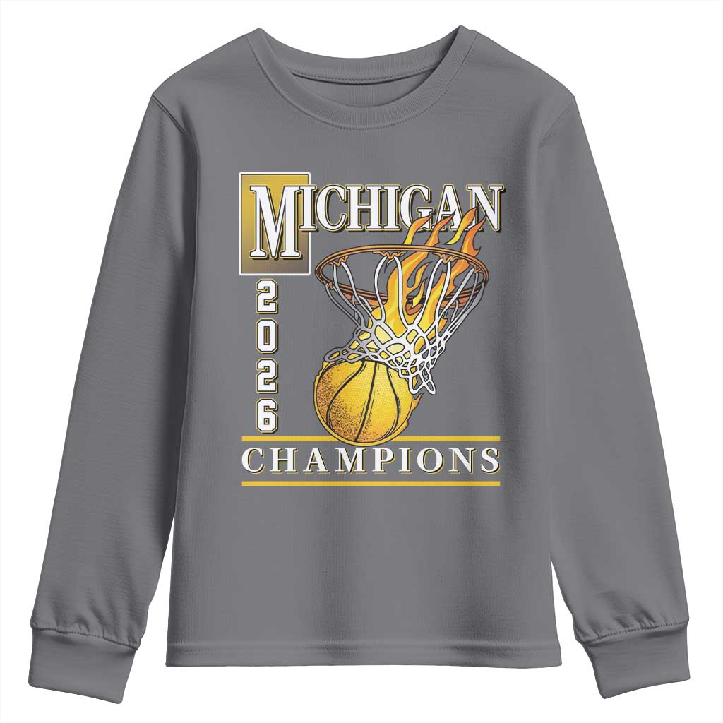 Michigan 2026 Flaming Hoop Basketball Lover Youth Sweatshirt Champions Victory Graphic Sports Fan TS12 Charcoal Print Your Wear