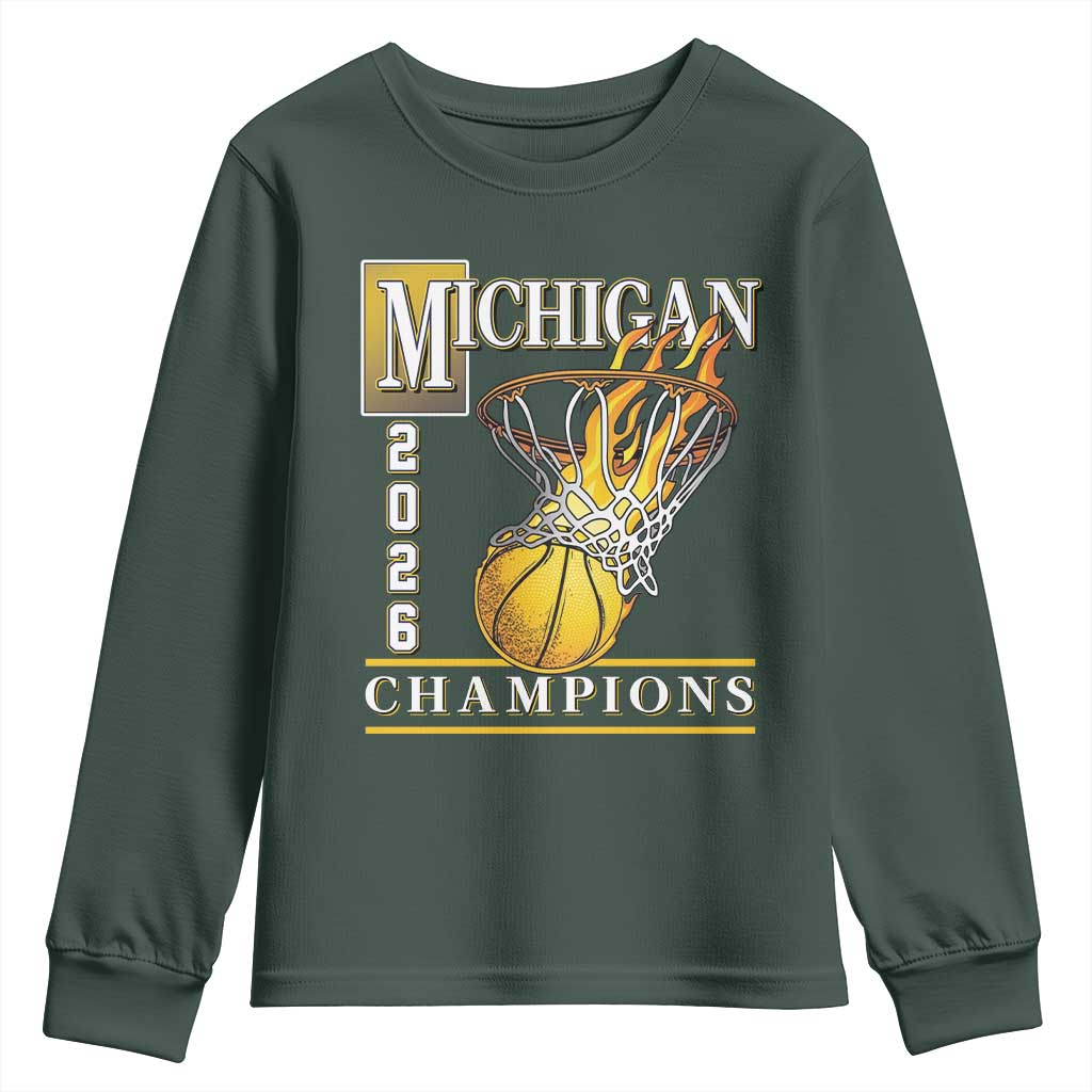 Michigan 2026 Flaming Hoop Basketball Lover Youth Sweatshirt Champions Victory Graphic Sports Fan TS12 Dark Forest Green Print Your Wear