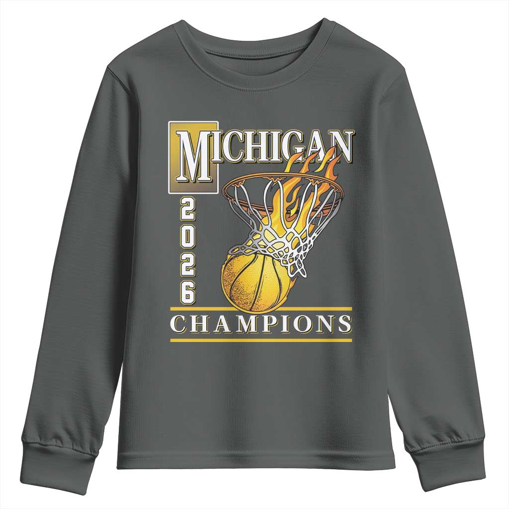 Michigan 2026 Flaming Hoop Basketball Lover Youth Sweatshirt Champions Victory Graphic Sports Fan TS12 Dark Heather Print Your Wear