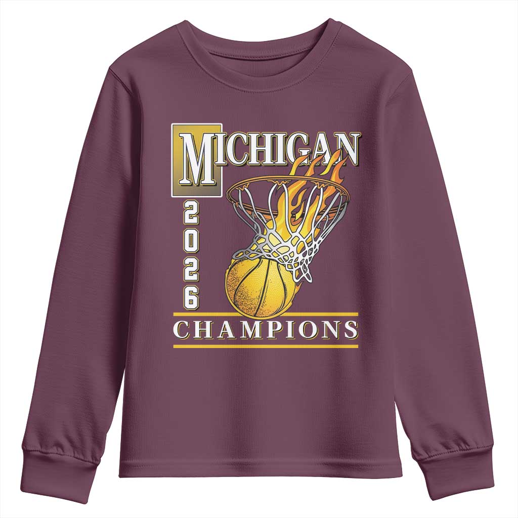 Michigan 2026 Flaming Hoop Basketball Lover Youth Sweatshirt Champions Victory Graphic Sports Fan TS12 Maroon Print Your Wear