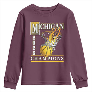 Michigan 2026 Flaming Hoop Basketball Lover Youth Sweatshirt Champions Victory Graphic Sports Fan TS12 Maroon Print Your Wear