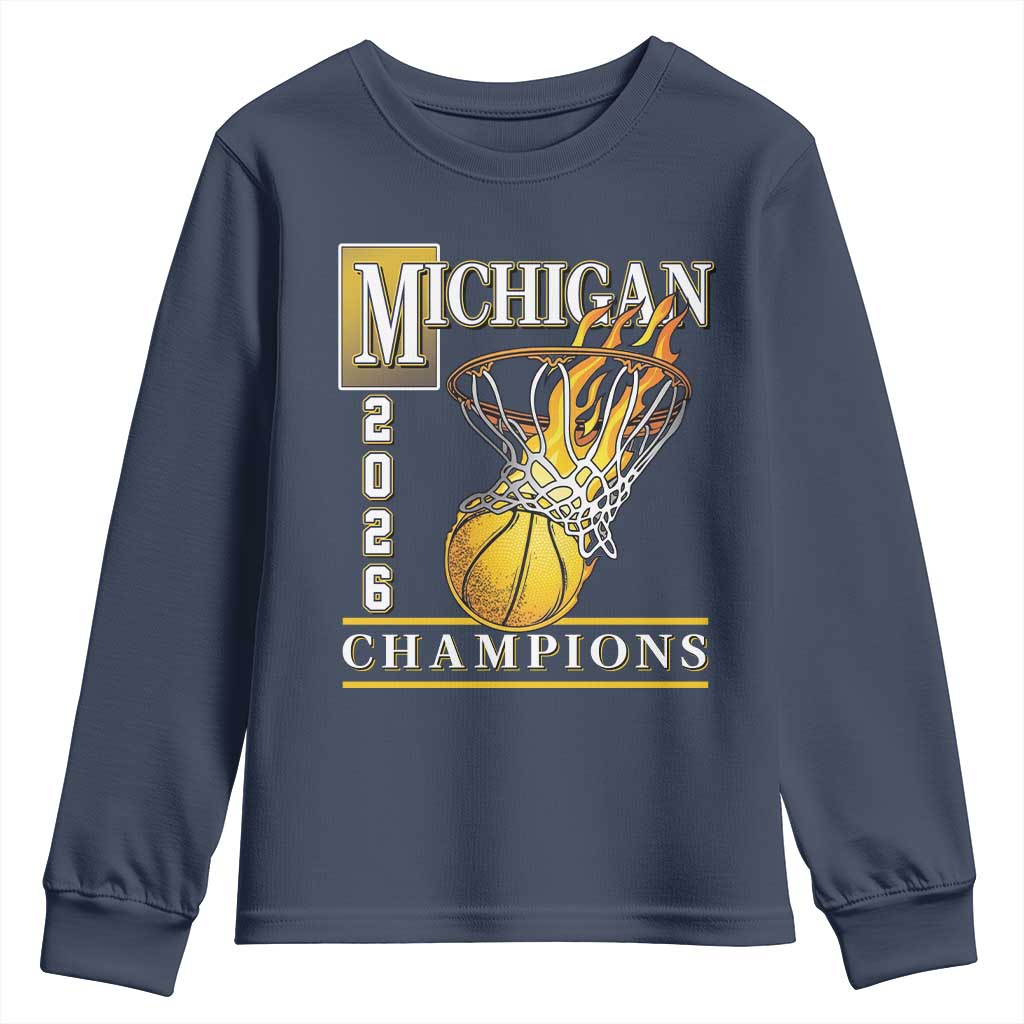 Michigan 2026 Flaming Hoop Basketball Lover Youth Sweatshirt Champions Victory Graphic Sports Fan TS12 Navy Print Your Wear
