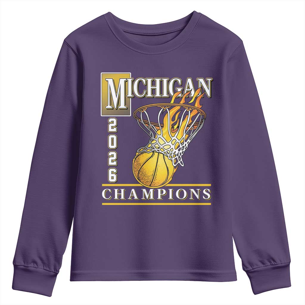 Michigan 2026 Flaming Hoop Basketball Lover Youth Sweatshirt Champions Victory Graphic Sports Fan TS12 Purple Print Your Wear