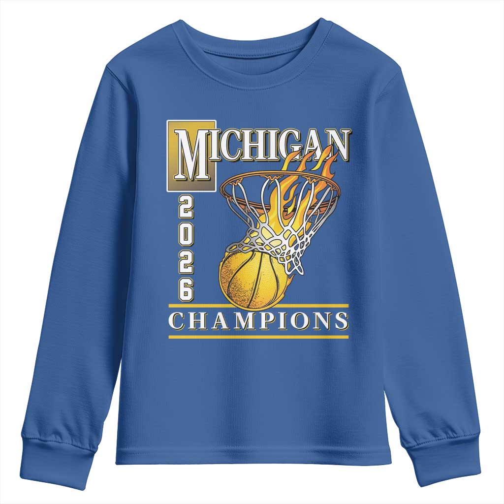 Michigan 2026 Flaming Hoop Basketball Lover Youth Sweatshirt Champions Victory Graphic Sports Fan TS12 Royal Blue Print Your Wear