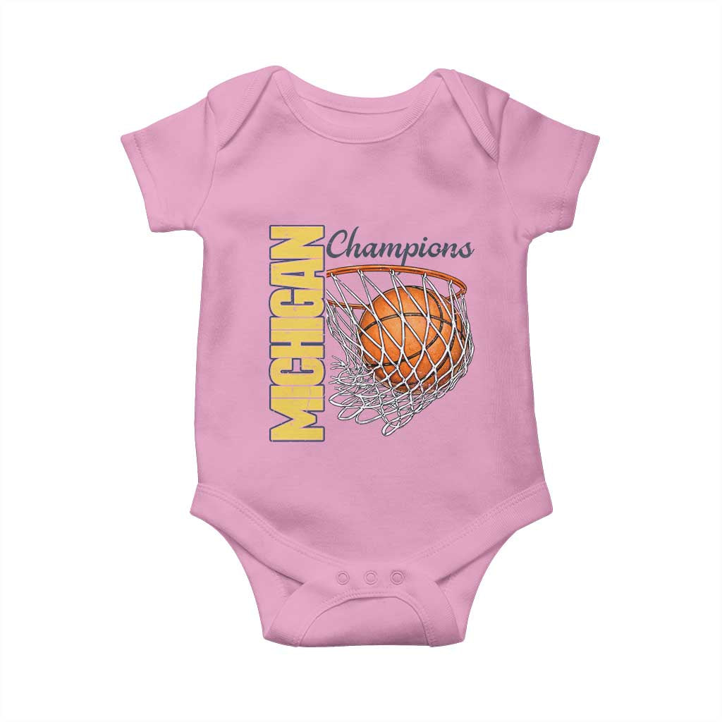 Vintage Michigan Hoops Pride Baby Onesie Retro Blue And Gold Champions Victory Graphic Sports Fan TS12 Light Pink Print Your Wear