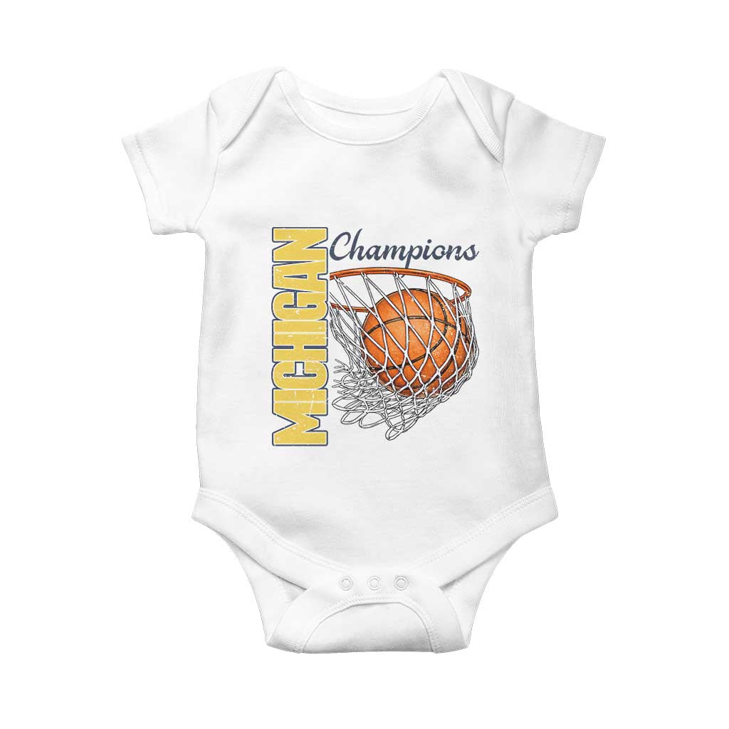 Vintage Michigan Hoops Pride Baby Onesie Retro Blue And Gold Champions Victory Graphic Sports Fan TS12 White Print Your Wear