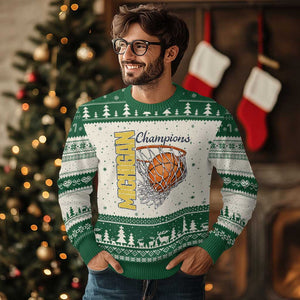 Vintage Michigan Hoops Pride Ugly Christmas Sweater Retro Blue And Gold Champions Victory Graphic Sports Fan TS12 Beige Green Print Your Wear
