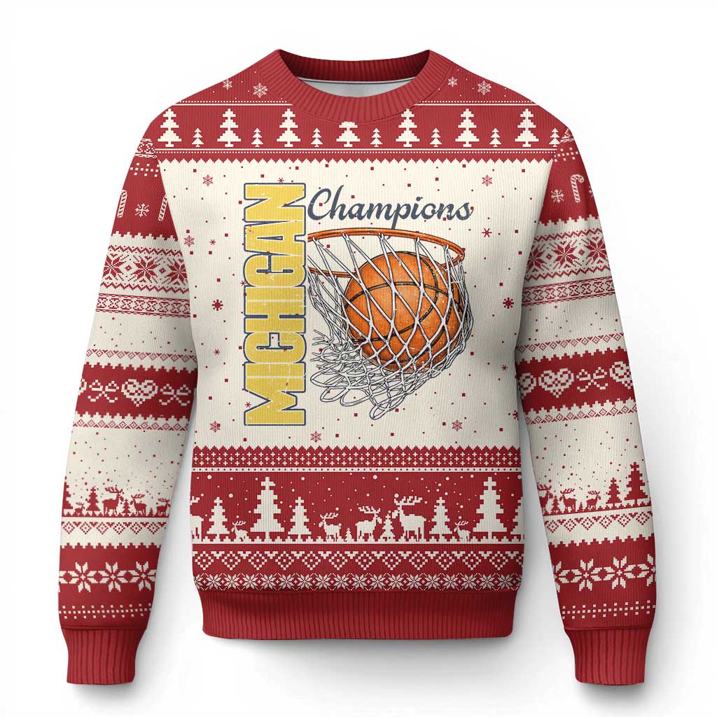 Vintage Michigan Hoops Pride Ugly Christmas Sweater Retro Blue And Gold Champions Victory Graphic Sports Fan TS12 Beige Red Print Your Wear