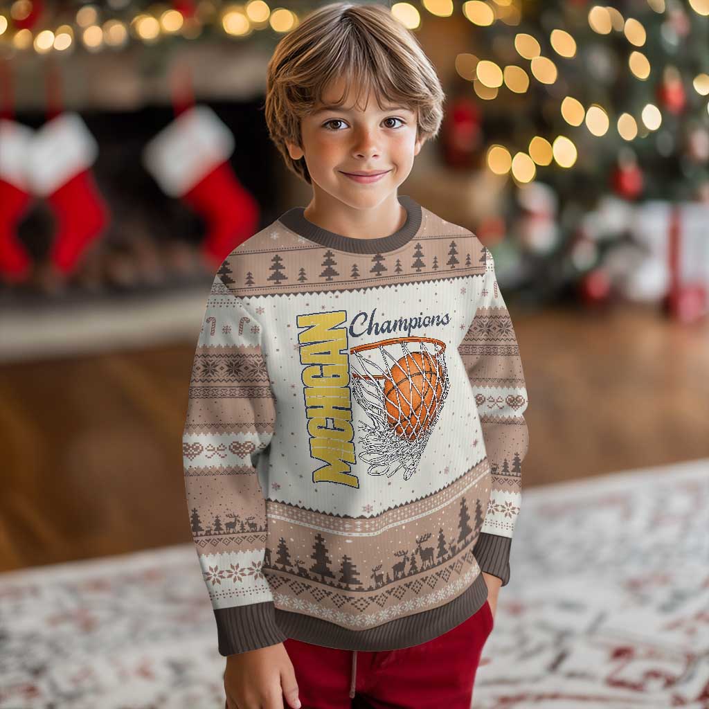Vintage Michigan Hoops Pride Ugly Christmas Sweater Retro Blue And Gold Champions Victory Graphic Sports Fan TS12 Mocha Mousse Print Your Wear
