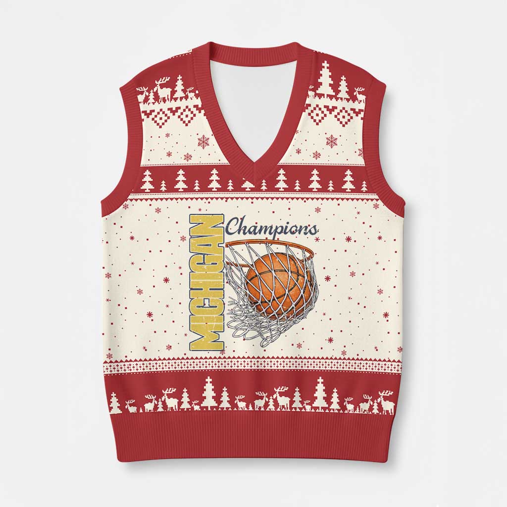Vintage Michigan Hoops Pride V-Neck Knit Sweater Vest Retro Blue And Gold Champions Victory Graphic Sports Fan TS12 Beige Red Print Your Wear