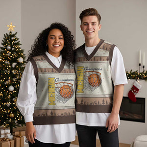 Vintage Michigan Hoops Pride V-Neck Knit Sweater Vest Retro Blue And Gold Champions Victory Graphic Sports Fan TS12 Mocha Mousse Print Your Wear