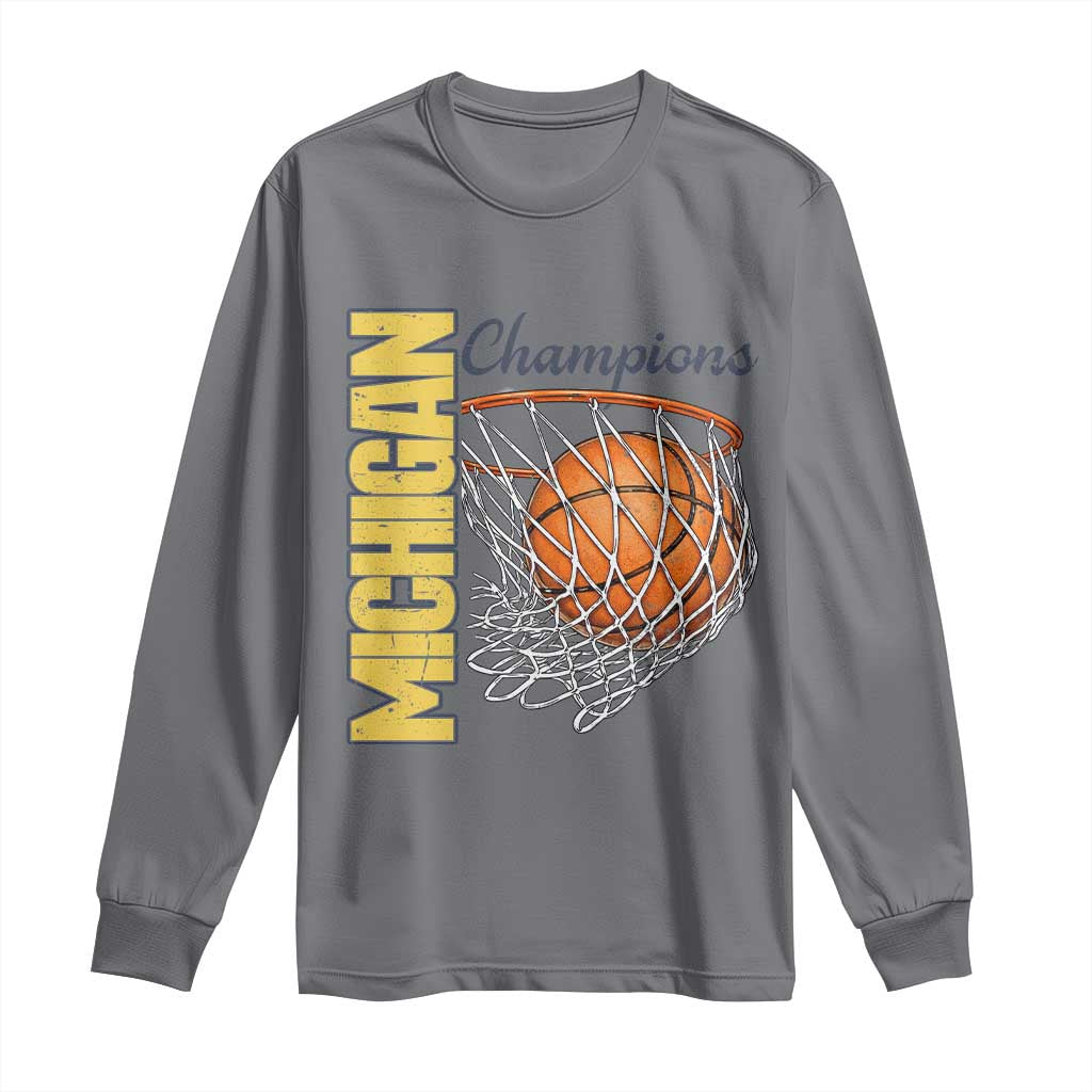 Vintage Michigan Hoops Pride Long Sleeve Shirt Retro Blue And Gold Champions Victory Graphic Sports Fan TS12 Charcoal Print Your Wear