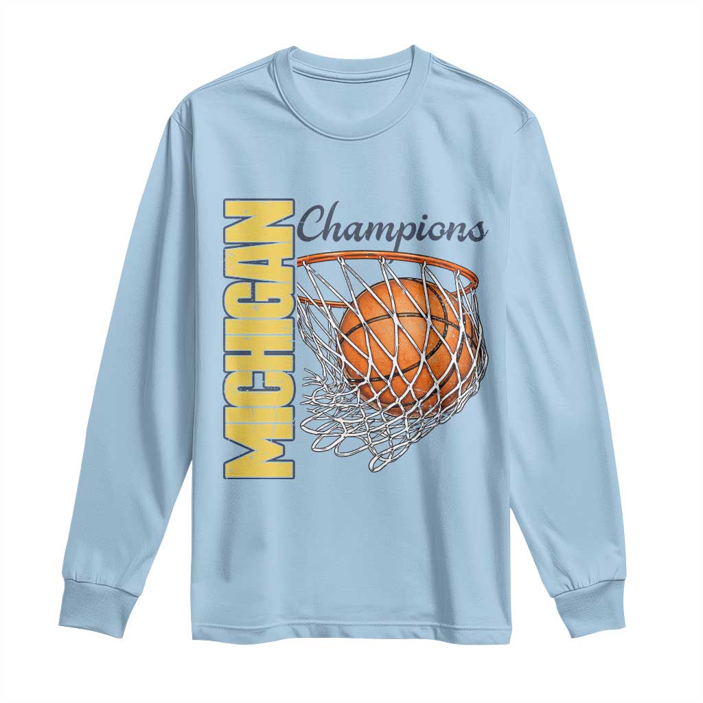 Vintage Michigan Hoops Pride Long Sleeve Shirt Retro Blue And Gold Champions Victory Graphic Sports Fan TS12 Light Blue Print Your Wear