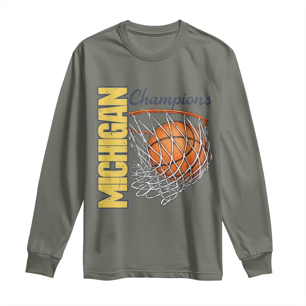 Vintage Michigan Hoops Pride Long Sleeve Shirt Retro Blue And Gold Champions Victory Graphic Sports Fan TS12 Military Green Print Your Wear