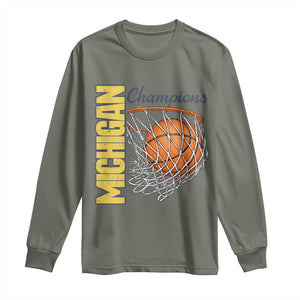 Vintage Michigan Hoops Pride Long Sleeve Shirt Retro Blue And Gold Champions Victory Graphic Sports Fan TS12 Military Green Print Your Wear