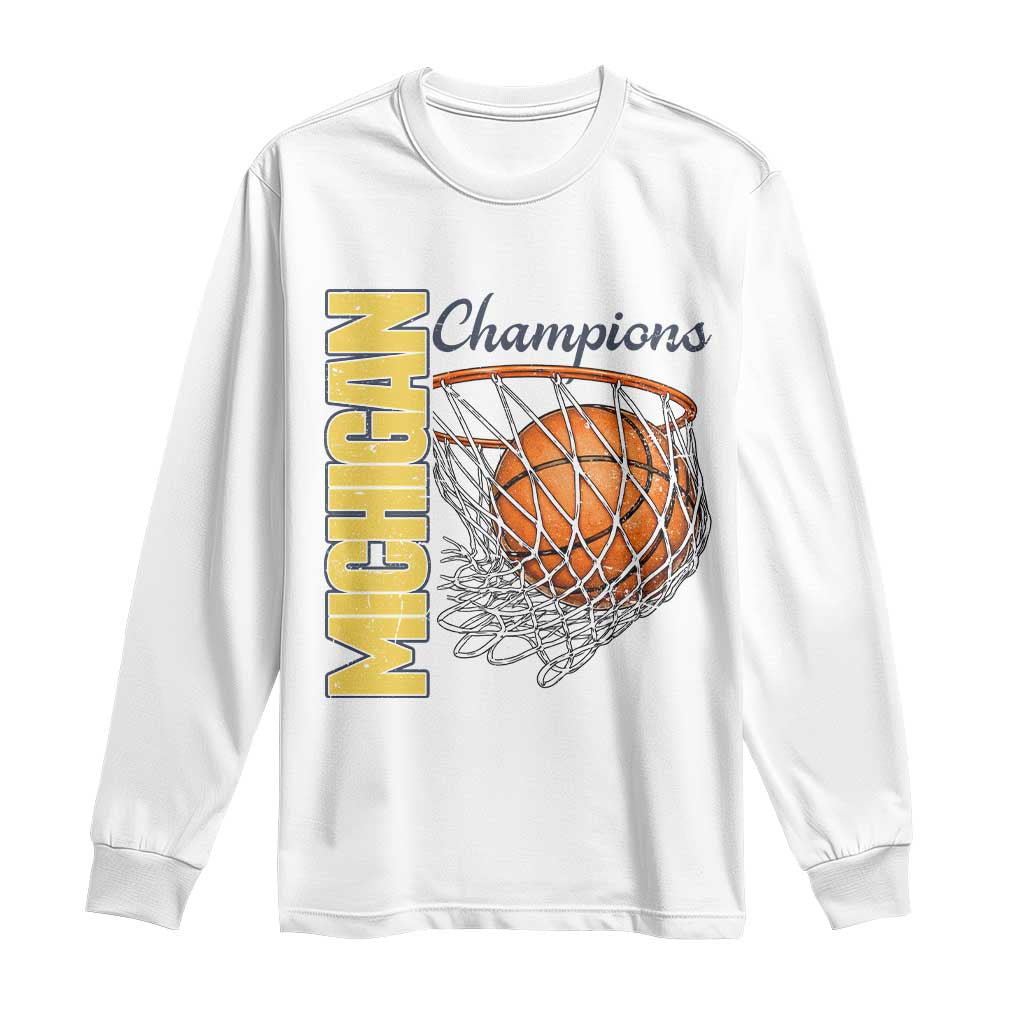Vintage Michigan Hoops Pride Long Sleeve Shirt Retro Blue And Gold Champions Victory Graphic Sports Fan TS12 White Print Your Wear