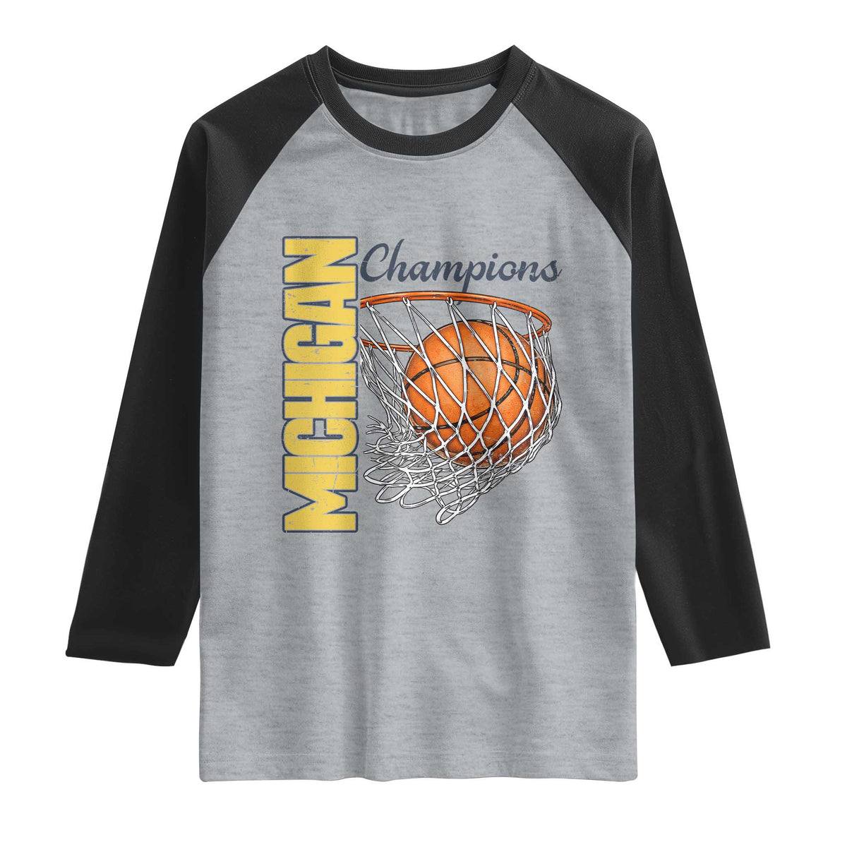Vintage Michigan Hoops Pride Raglan Shirt Retro Blue And Gold Champions Victory Graphic Sports Fan TS12 Heather Gray Black Print Your Wear