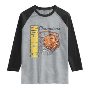 Vintage Michigan Hoops Pride Raglan Shirt Retro Blue And Gold Champions Victory Graphic Sports Fan TS12 Heather Gray Black Print Your Wear