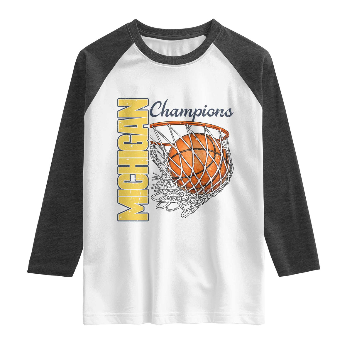 Vintage Michigan Hoops Pride Raglan Shirt Retro Blue And Gold Champions Victory Graphic Sports Fan TS12 White Heather Charcoal Print Your Wear