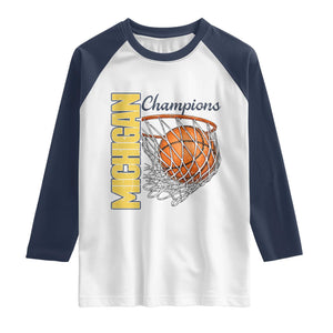Vintage Michigan Hoops Pride Raglan Shirt Retro Blue And Gold Champions Victory Graphic Sports Fan TS12 White Navy Print Your Wear
