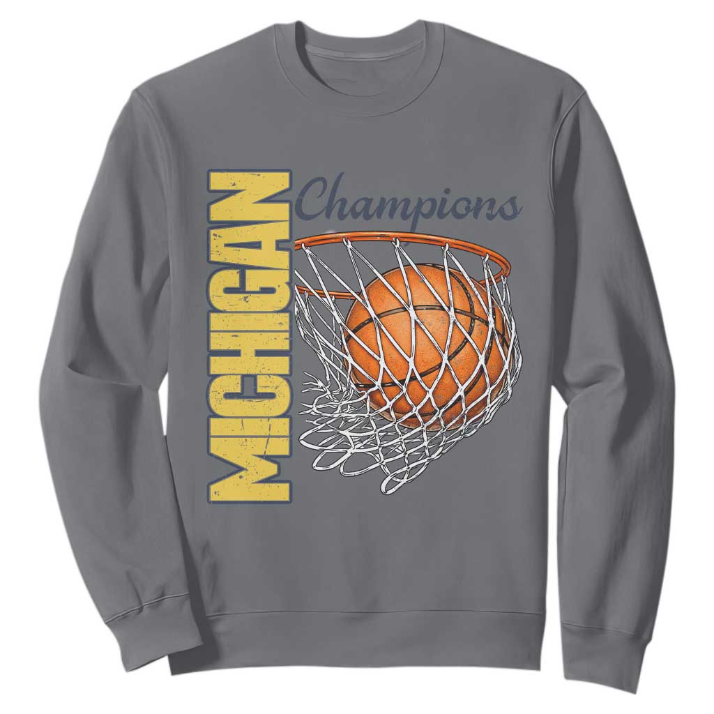 Vintage Michigan Hoops Pride Sweatshirt Retro Blue And Gold Champions Victory Graphic Sports Fan TS12 Charcoal Print Your Wear
