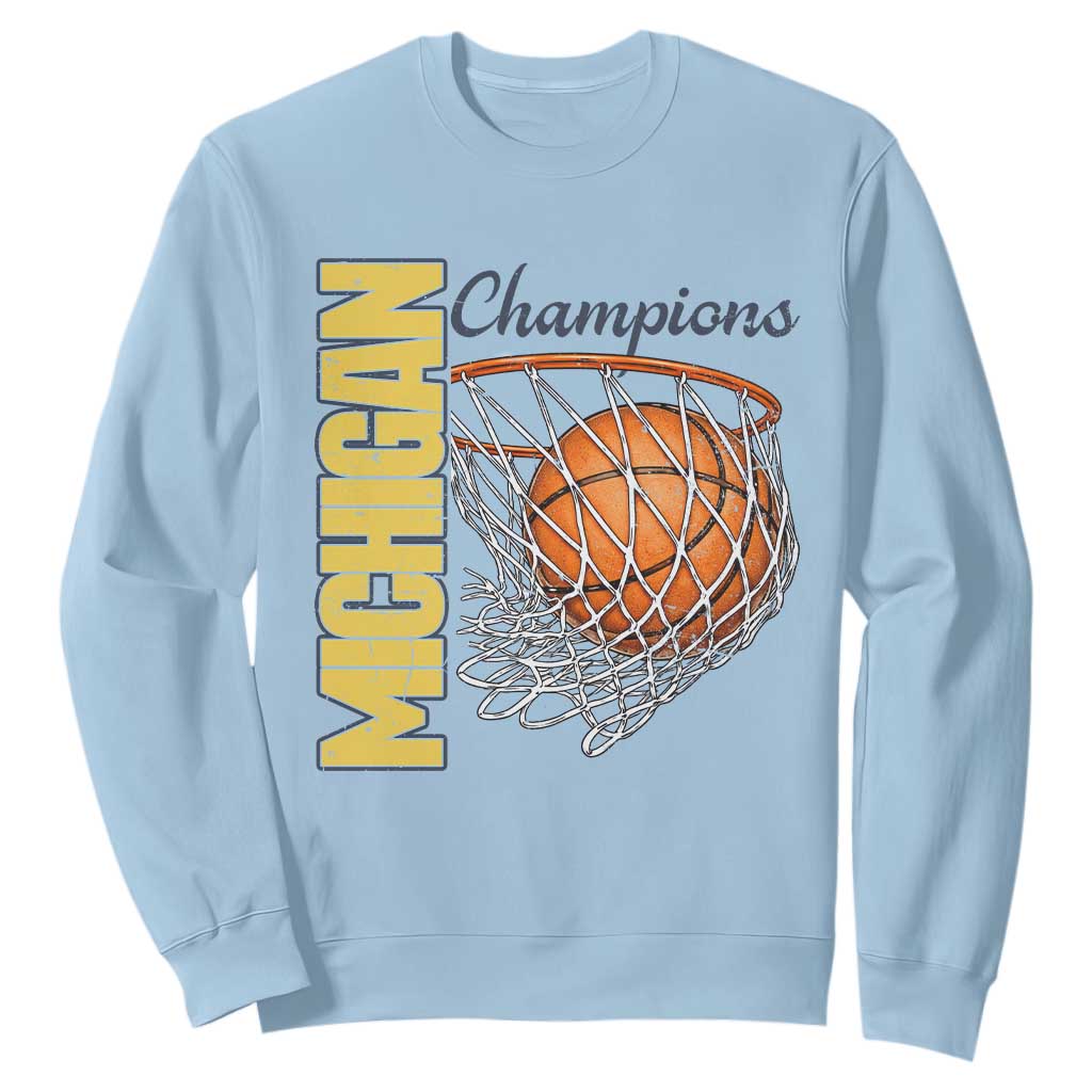 Vintage Michigan Hoops Pride Sweatshirt Retro Blue And Gold Champions Victory Graphic Sports Fan TS12 Light Blue Print Your Wear