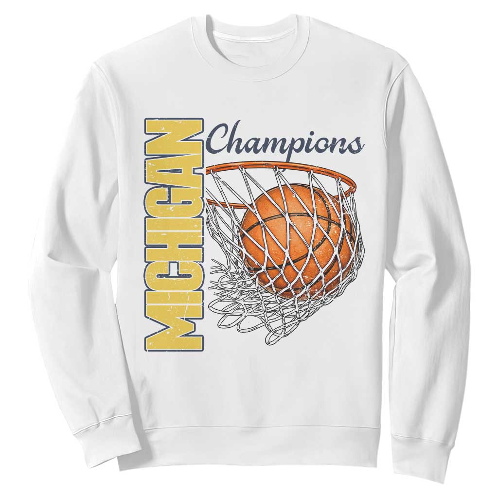 Vintage Michigan Hoops Pride Sweatshirt Retro Blue And Gold Champions Victory Graphic Sports Fan TS12 White Print Your Wear