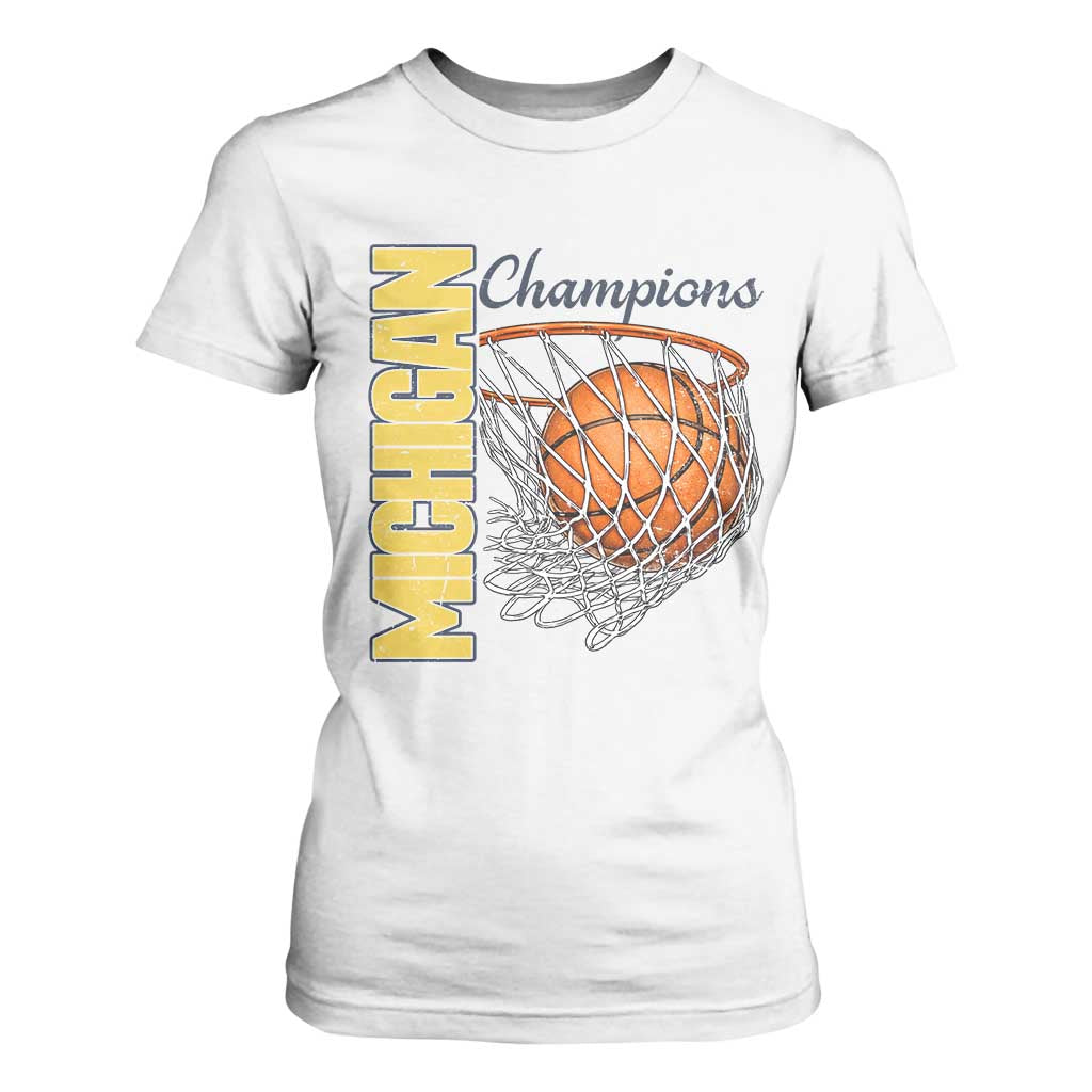 Vintage Michigan Hoops Pride T Shirt For Women Retro Blue And Gold Champions Victory Graphic Sports Fan TS12 White Print Your Wear