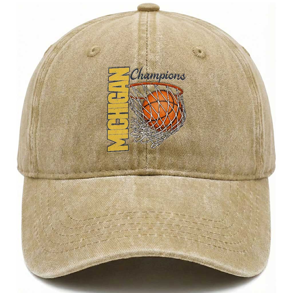 Vintage Michigan Hoops Pride Washed Cotton Baseball Cap Retro Blue And Gold Champions Victory Graphic Sports Fan TS12 Print Your Wear