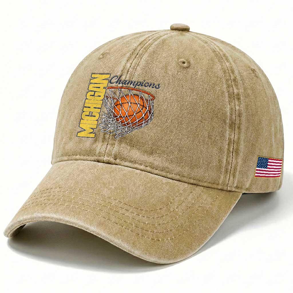 Vintage Michigan Hoops Pride Washed Cotton Baseball Cap Retro Blue And Gold Champions Victory Graphic Sports Fan TS12 Print Your Wear