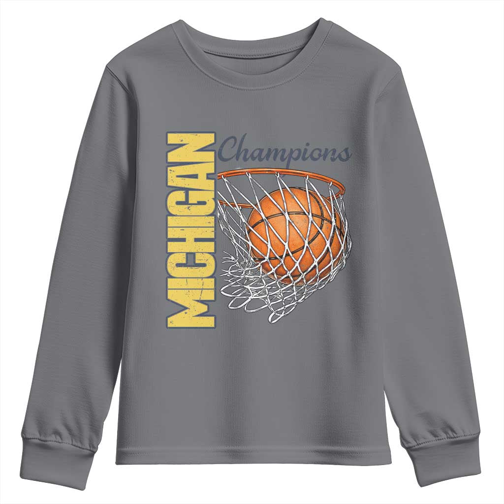Vintage Michigan Hoops Pride Youth Sweatshirt Retro Blue And Gold Champions Victory Graphic Sports Fan TS12 Charcoal Print Your Wear