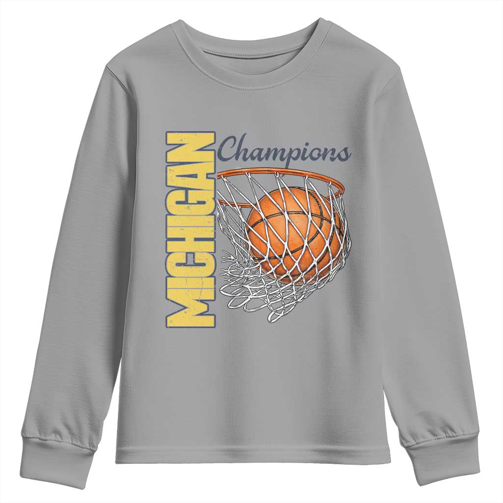 Vintage Michigan Hoops Pride Youth Sweatshirt Retro Blue And Gold Champions Victory Graphic Sports Fan TS12 Sport Gray Print Your Wear