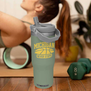 Michigan Never Stops Flip Straw Tumbler Great Lakes State Basketball Pride Gift TS12 One Size: 30 oz Moss Green Print Your Wear