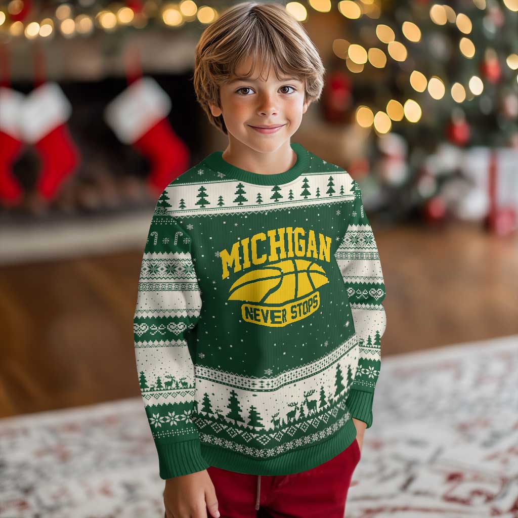 Michigan Never Stops Ugly Christmas Sweater Great Lakes State Basketball Pride Gift TS12 Forest Green Beige Print Your Wear