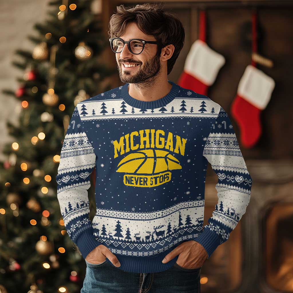 Michigan Never Stops Ugly Christmas Sweater Great Lakes State Basketball Pride Gift TS12 Navy Beige Print Your Wear