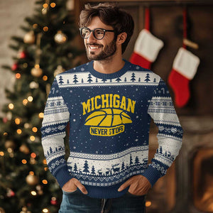 Michigan Never Stops Ugly Christmas Sweater Great Lakes State Basketball Pride Gift TS12 Navy Beige Print Your Wear