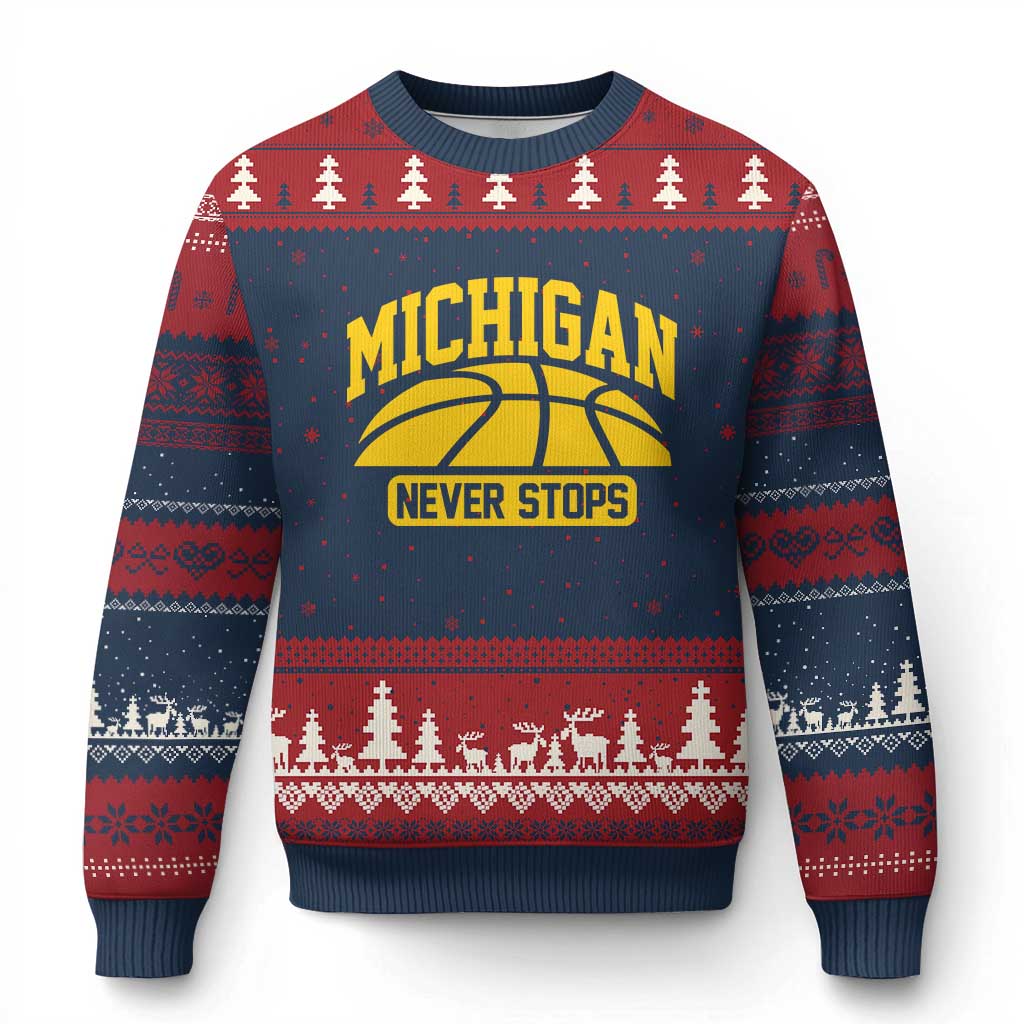 Michigan Never Stops Ugly Christmas Sweater Great Lakes State Basketball Pride Gift TS12 Navy Red Print Your Wear