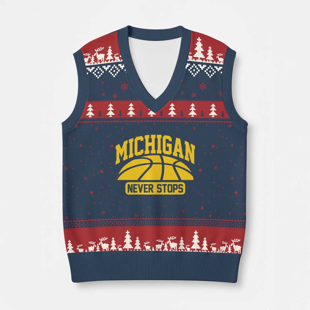 Michigan Never Stops V-Neck Knit Sweater Vest Great Lakes State Basketball Pride Gift TS12 Navy Red Print Your Wear