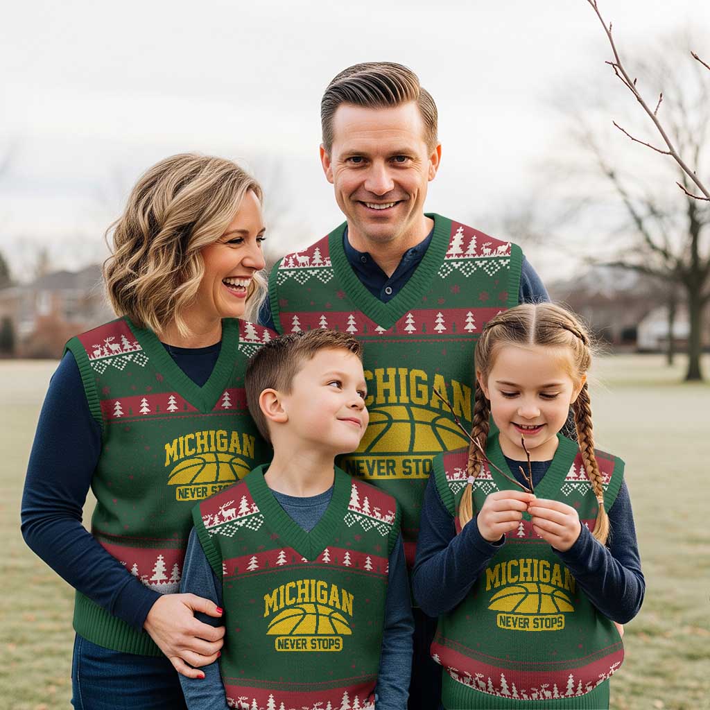 Michigan Never Stops V-Neck Knit Sweater Vest Great Lakes State Basketball Pride Gift TS12 Red Green Print Your Wear