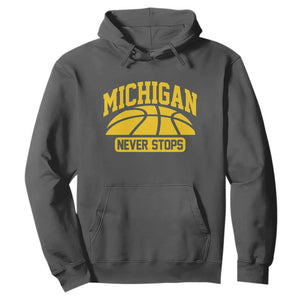 Michigan Never Stops Hoodie Great Lakes State Basketball Pride Gift TS12 Dark Heather Print Your Wear