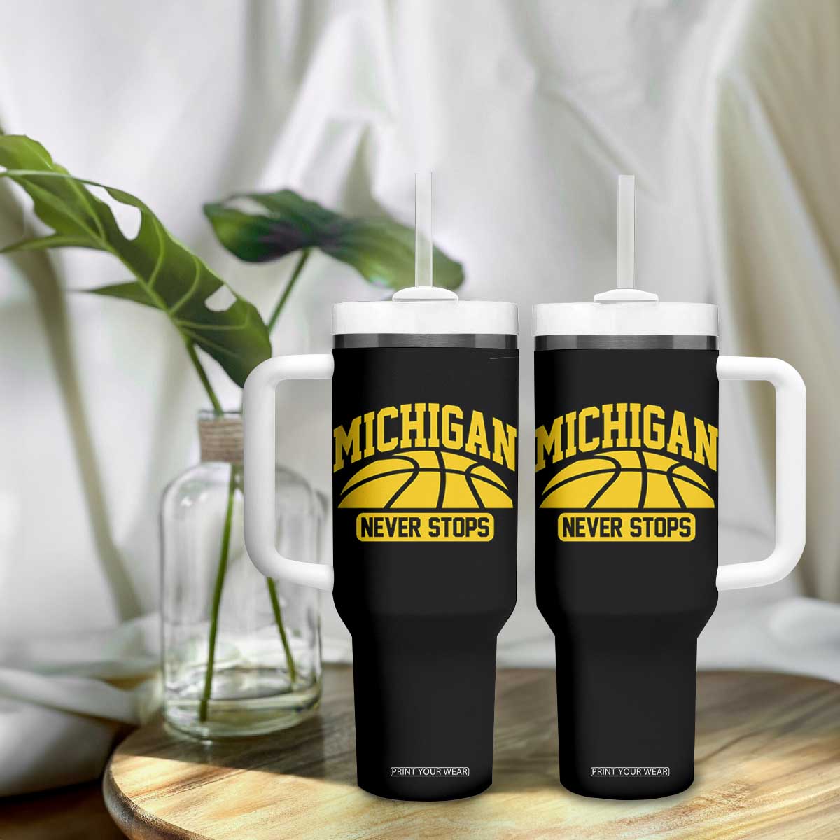 Michigan Never Stops Tumbler With Handle Great Lakes State Basketball Pride Gift TS12 Print Your Wear