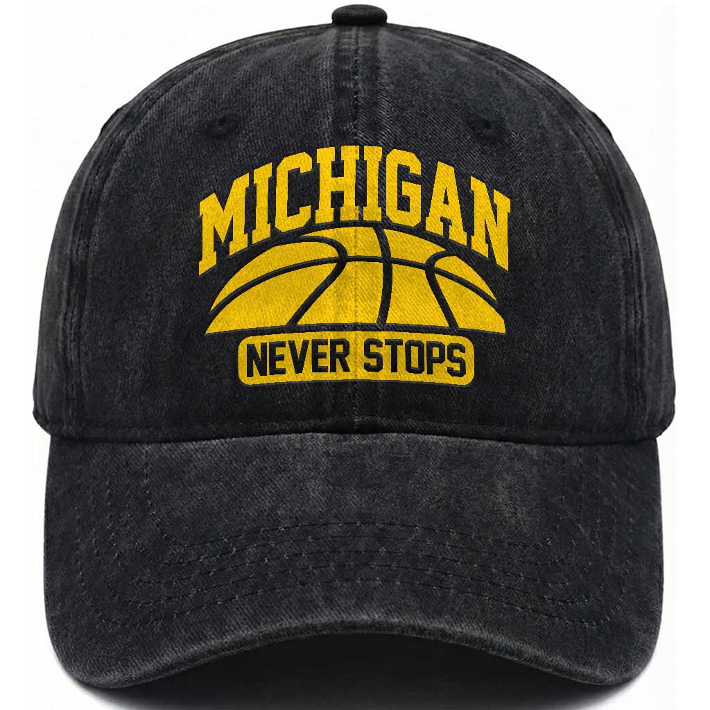Michigan Never Stops Washed Cotton Baseball Cap Great Lakes State Basketball Pride Gift TS12 Print Your Wear