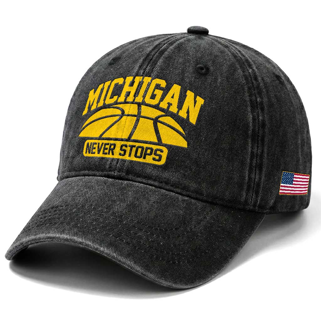 Michigan Never Stops Washed Cotton Baseball Cap Great Lakes State Basketball Pride Gift TS12 Print Your Wear