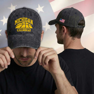 Michigan Never Stops Washed Cotton Baseball Cap Great Lakes State Basketball Pride Gift TS12 Print Your Wear