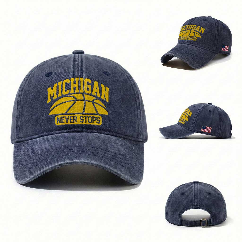 Michigan Never Stops Washed Cotton Baseball Cap Great Lakes State Basketball Pride Gift TS12 Washed Cap Universal Fit Navy Print Your Wear