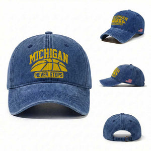 Michigan Never Stops Washed Cotton Baseball Cap Great Lakes State Basketball Pride Gift TS12 Washed Cap Universal Fit Royal Blue Print Your Wear