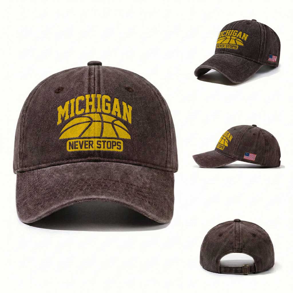Michigan Never Stops Washed Cotton Baseball Cap Great Lakes State Basketball Pride Gift TS12 Washed Cap Universal Fit Dark Brown Print Your Wear