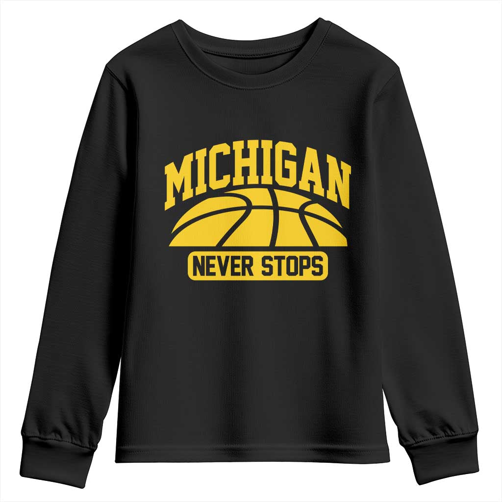 Michigan Never Stops Youth Sweatshirt Great Lakes State Basketball Pride Gift TS12 Black Print Your Wear