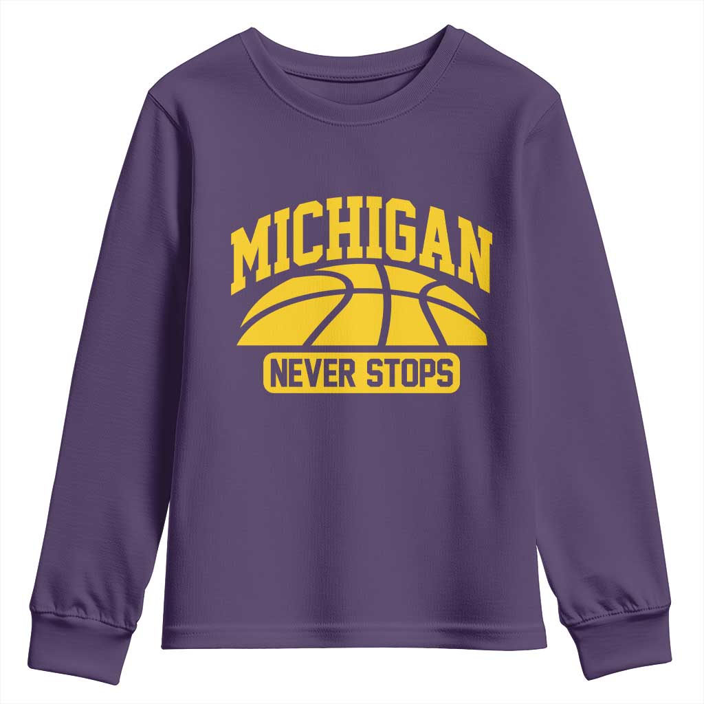 Michigan Never Stops Youth Sweatshirt Great Lakes State Basketball Pride Gift TS12 Purple Print Your Wear